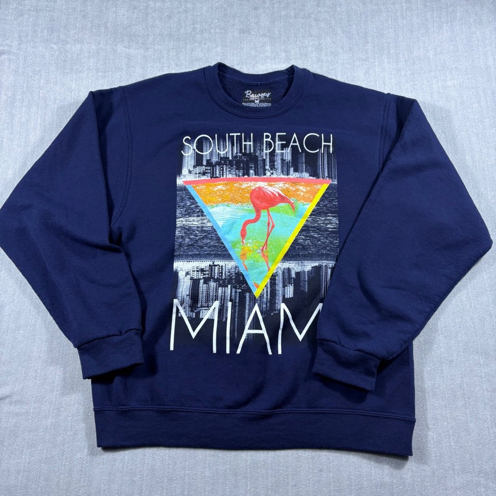 Bowery Supply Co Sweatshirt Mens M Navy Blue South Beach Miami Flamingo Graphic